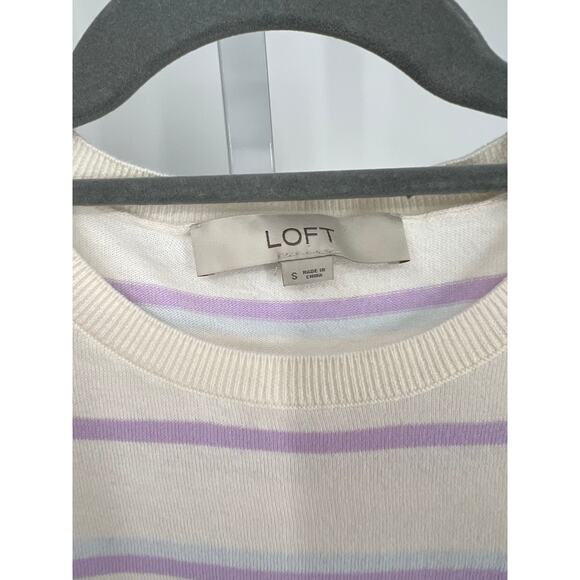 Loft White/purple/blue Short Sleeve Fine Knit Sweater Peplum Hem Size Small - Picture 5 of 6